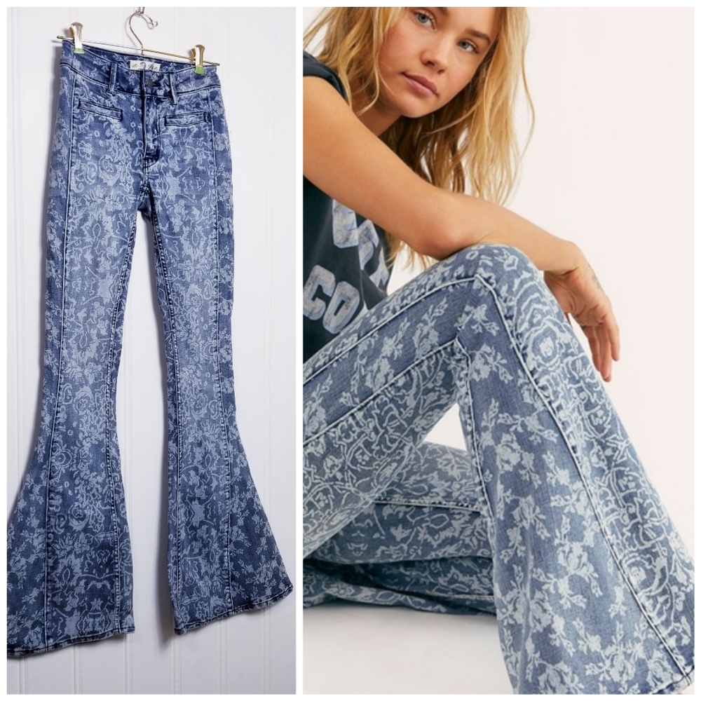 Free People Blue Floral Flare Jeans